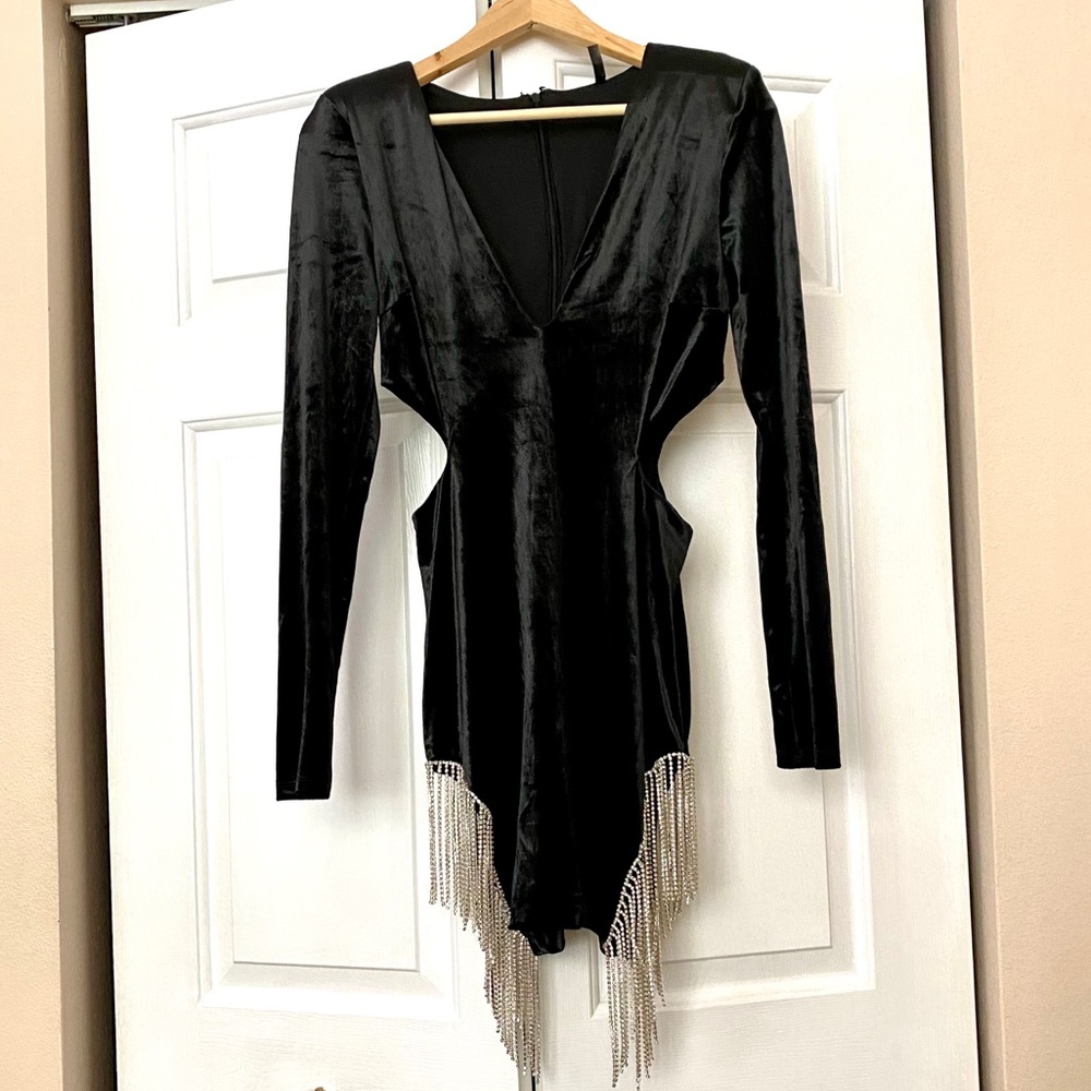 Crystal fringe side cut velor dress